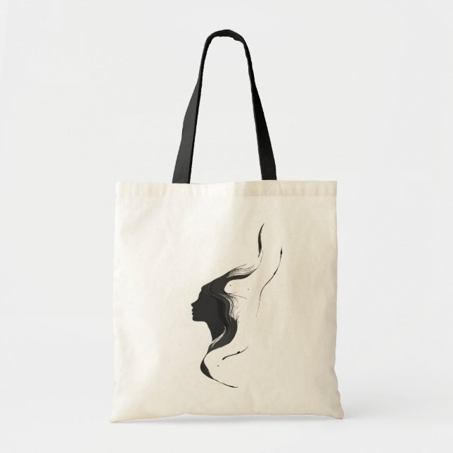Minimal Abstract Woman Face with Line Art Hair Tote Bag (Front)