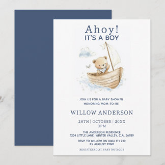 Minimal Ahoy It's A Boy Teddy Sailboat Baby Shower Invitation