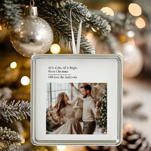Minimal All Is Calm All Is Bright Christmas Photo  Metal Ornament