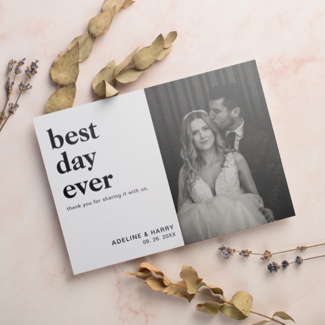 Minimal and Chic Best Day Ever Photo Heart Wedding Thank You Card (Creator Uploaded)