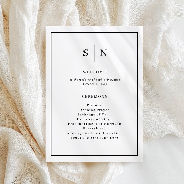 Minimal and Chic | Black and White Border Wedding Program (A minimal and chic wedding program in black and white, with your monogram)