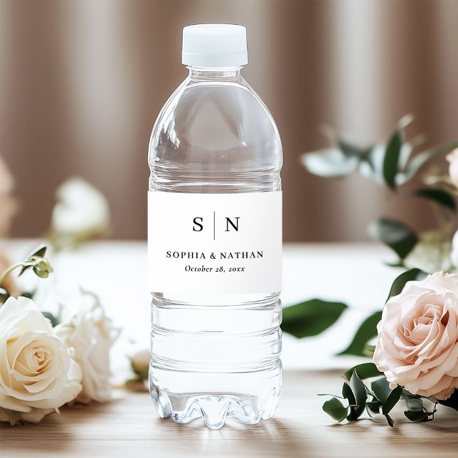 Minimal and Chic Black and White Monogram Wedding Water Bottle Label (Creator Uploaded)