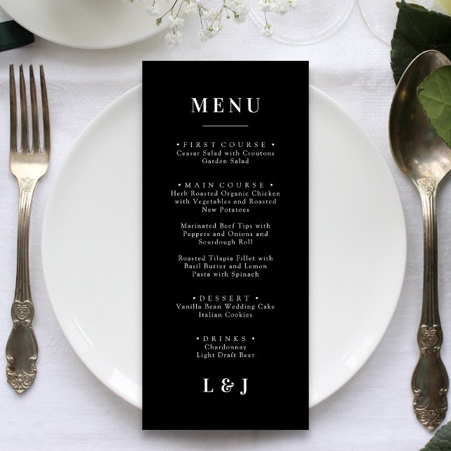 Minimal and Chic | Black and White Wedding Menu (Minimal chic black and white wedding menu adds timeless style and guides guests through your meal)