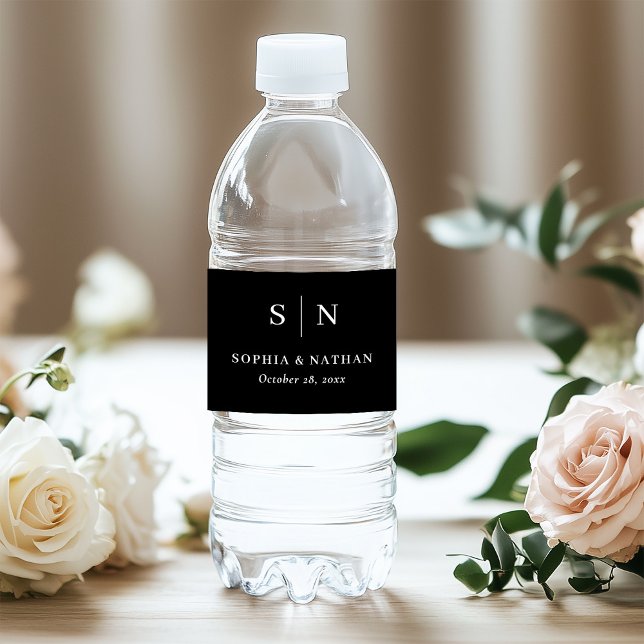Minimal and Chic Black | Monogram Wedding Water Bottle Label (Creator Uploaded)
