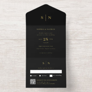 Minimal and Chic Black QR Code Wedding Gold Foil All In One Invitation