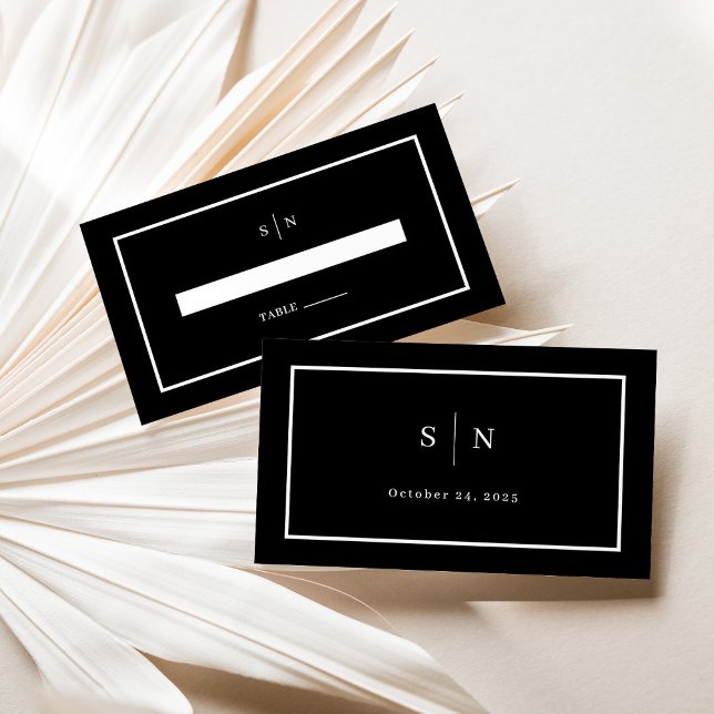 Minimal and Chic | Black Wedding Flat Place Card (A chic, minimalist wedding place card in dark black with white accents and text, and your monogram)