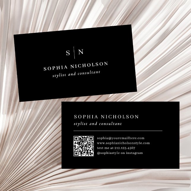 Minimal and Chic | Black with Monogram and QR Code Business Card (Creator Uploaded)