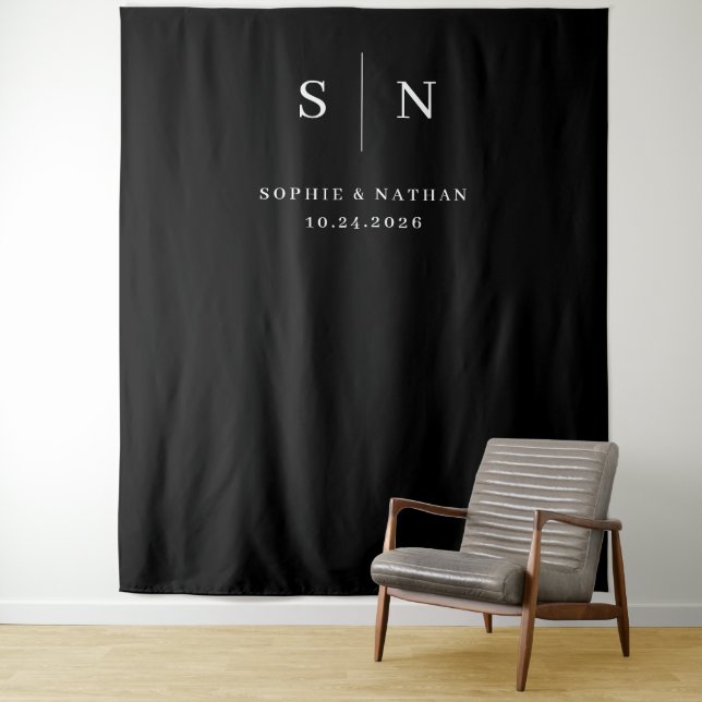 Minimal and Chic | Black with Monogram Wedding Tapestry (In Situ)