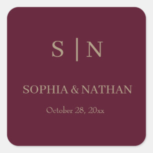 Minimal and Chic   Burgundy and Gold Wedding Square Sticker