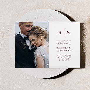Minimal and Chic Burgundy and White Photo Wedding Invitation