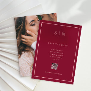 Minimal and Chic Burgundy Photo QR Code Wedding Save The Date