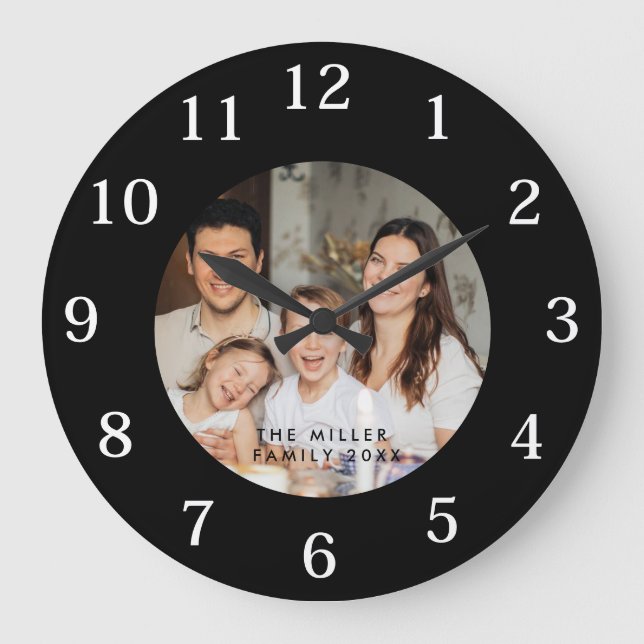Minimal and Chic | Custom Photo and Family Name  Large Clock (Front)