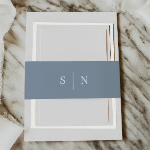 Minimal and Chic Dusty Blue and White Monogram Invitation Belly Band