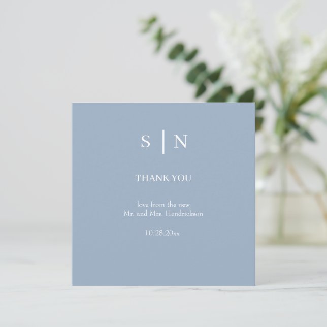 Minimal and Chic | Dusty Blue and White Wedding Thank You Card (Standing Front)
