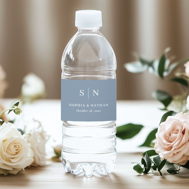 Minimal and Chic Dusty Blue | Monogram Wedding Water Bottle Label (Creator Uploaded)