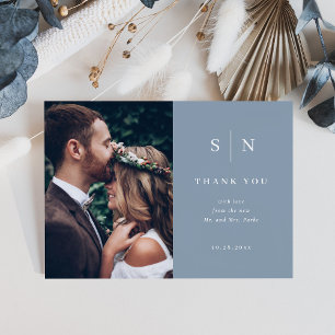 Minimal and Chic Dusty Blue Two Photo Wedding Thank You Card