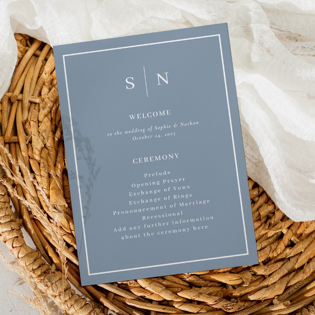 Minimal and Chic Dusty Blue with Border Wedding Program (A minimal and chic wedding program in dusty blue and white, with your monogram)