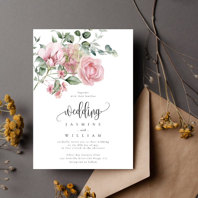 Minimal and Chic | Dusty Pink Rose Floral Wedding  Invitation (Creator Uploaded)