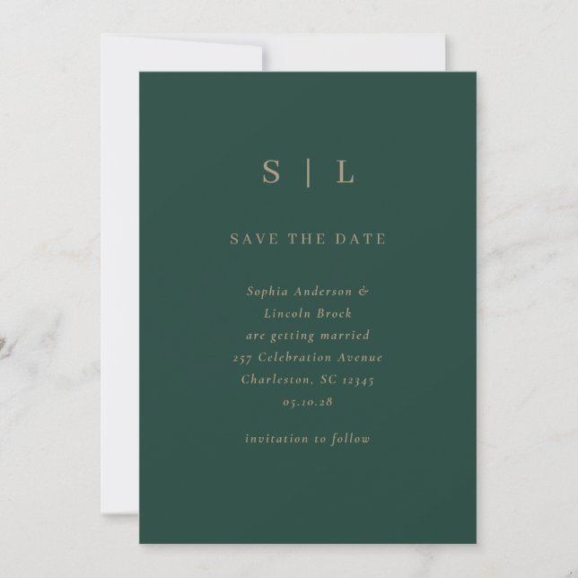 Minimal and Chic Emerald Green and Gold Save The Date (Front)