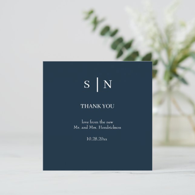 Minimal and Chic | Navy Blue and White Wedding Thank You Card (Standing Front)