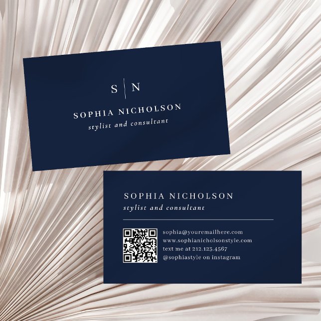 Minimal and Chic | Navy Blue Monogram and QR Code Business Card (Creator Uploaded)