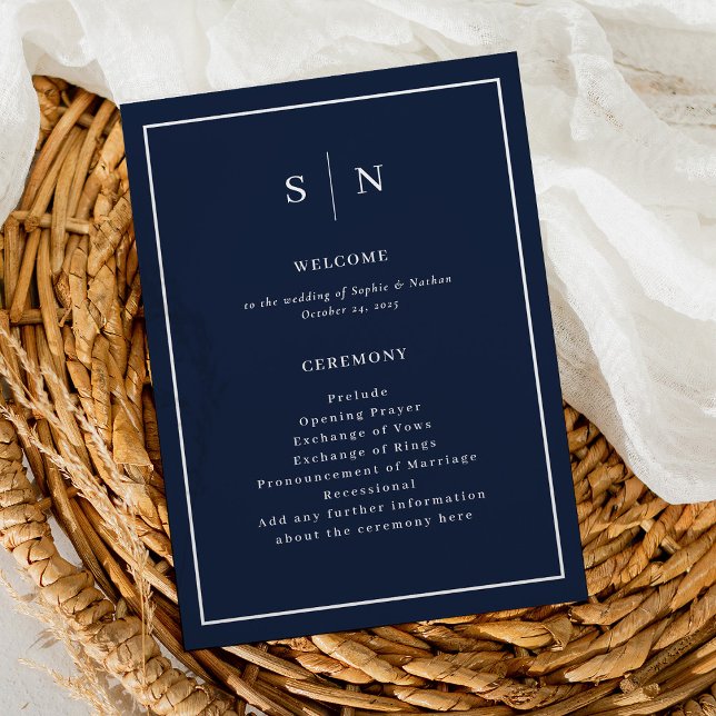 Minimal and Chic Navy Blue with Border Wedding Program (A minimal and chic wedding program in dark navy blue and white, with your monogram)