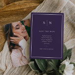 Minimal and Chic | Purple and White with Photo Save The Date<br><div class="desc">These elegant,  modern wedding save the date cards feature a simple,  colourful dark purple and white minimalist text design,  with a classic frame at the border. Add your initials or monogram to make them completely your own and add your favourite personal photo on the back.</div>