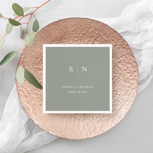 Minimal and Chic | Sage Green Wedding Napkin (An elegant, stylish wedding napkin in sage green and featuring your monogram)