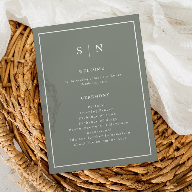 Minimal and Chic Sage Green with Border Wedding Program (A simple and chic wedding program in sage green and white, with your monogram)