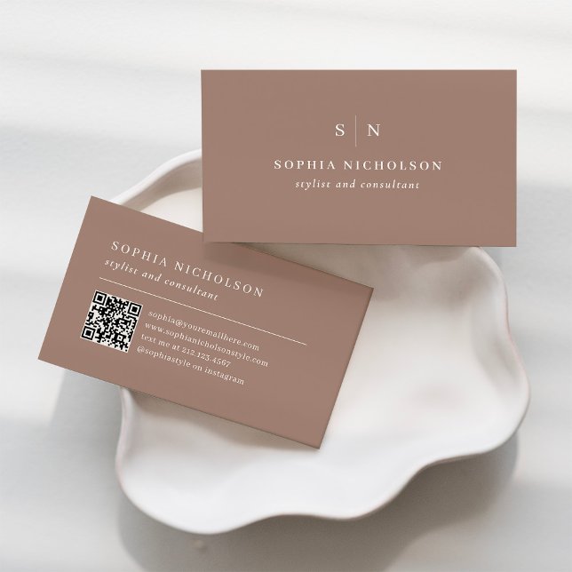 Minimal and Chic | Taupe Monogram and QR Code Business Card (Creator Uploaded)
