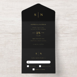 Minimal and Chic Wedding   Black and Gold All In One Invitation