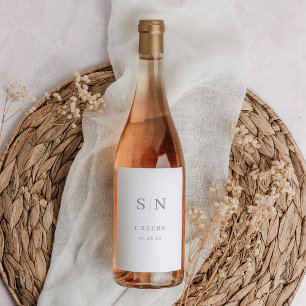 Minimal and Chic White and Blue Monogram Cheers Wine Label
