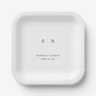 Minimal and Chic White and Burgundy Wedding Paper Plate