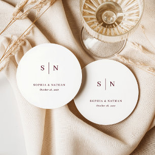Minimal and Chic White and Burgundy Wedding Round Paper Coaster