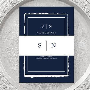 Minimal and Chic White and Navy Blue Monogram Invitation Belly Band