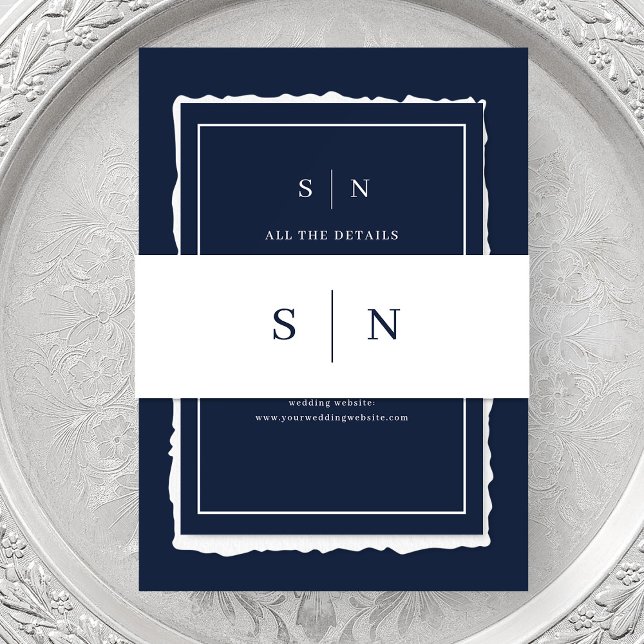 Minimal and Chic | White and Navy Blue Monogram Invitation Belly Band (Creator Uploaded)