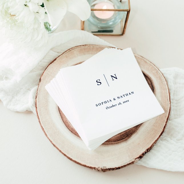 Minimal and Chic | White and Navy Blue Napkin (A minimal and modern wedding napkin with navy blue text and your monogram)