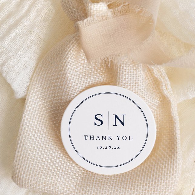 Minimal and Chic | White and Navy Wedding Monogram Classic Round Sticker (Creator Uploaded)