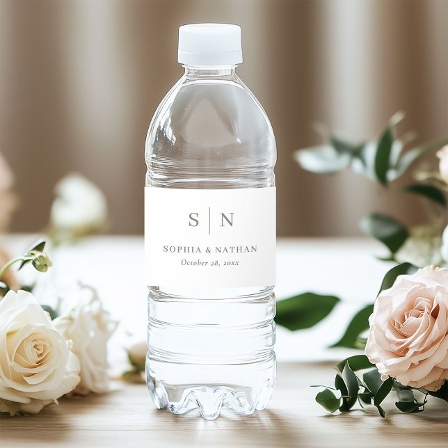 Minimal and Chic White and Sage | Monogram Wedding Water Bottle Label (Creator Uploaded)