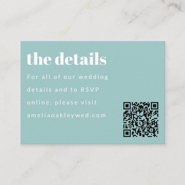 Minimal Aqua Blue Retro Custom Wedding QR Code Enclosure Card (Front)