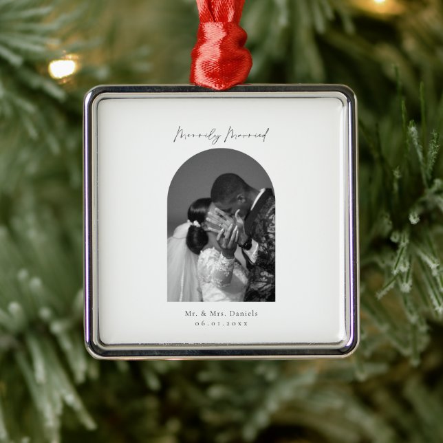 Minimal Arch Photo Black and White Merrily Married Metal Ornament (Tree)