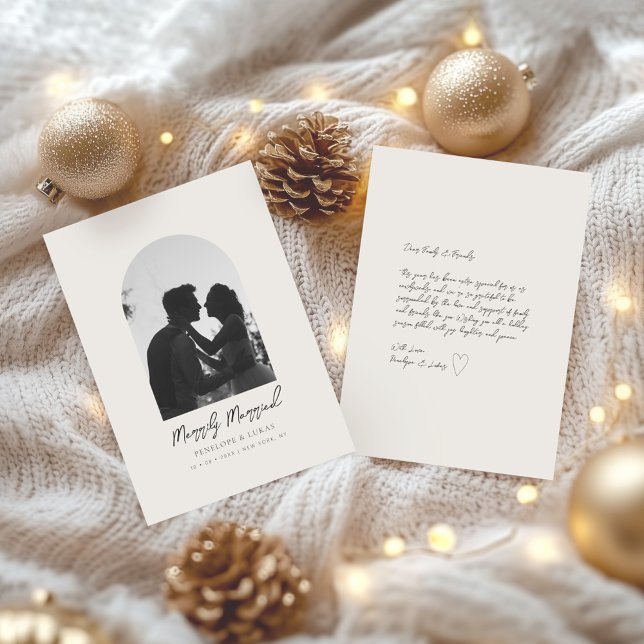 Minimal Arch Photo Elegant Newlywed Holiday Card (Creator Uploaded)