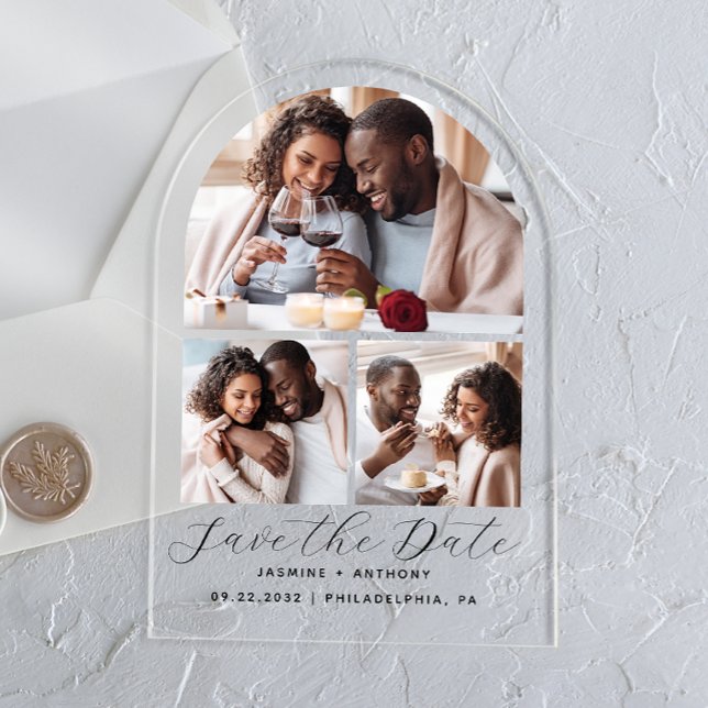 Minimal Arch Shape 3-Photo Collage Save the Date Acrylic Invitations (Creator Uploaded)