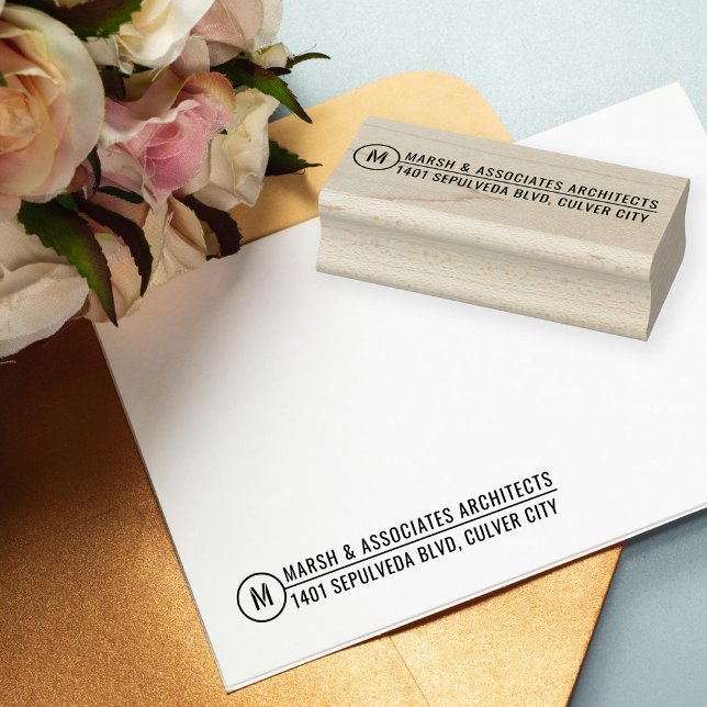 Minimal Architectural Title Line Monogram Address Rubber Stamp (Creator Uploaded)