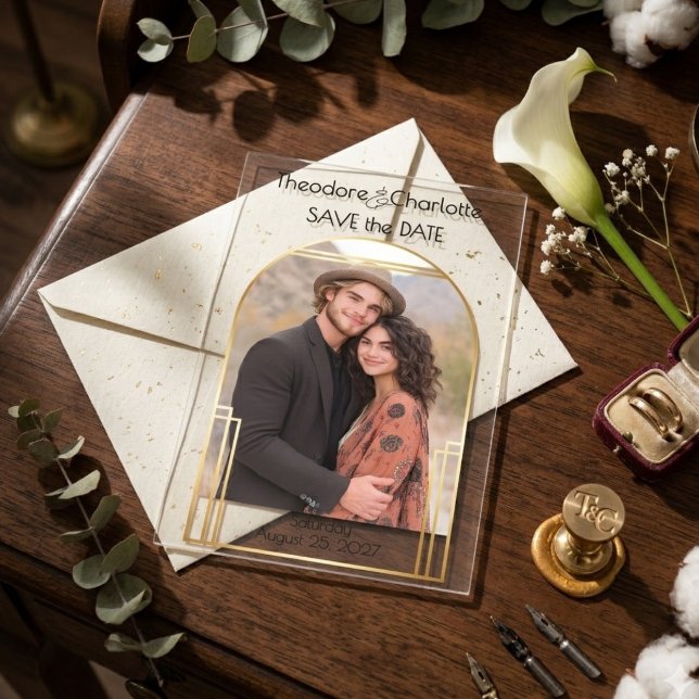 Minimal Art Deco Arch Photo Wedding Save the Date Acrylic Invitations (Creator Uploaded)