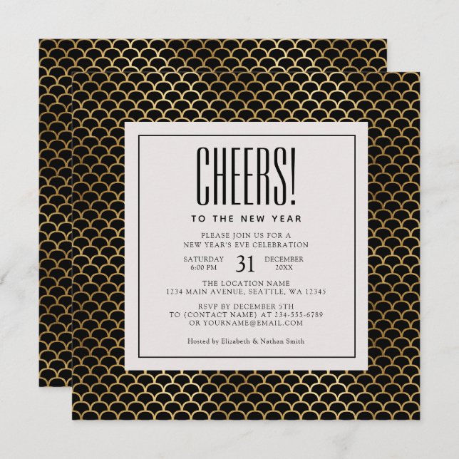 Minimal Art Deco Gold Cheers New Year's Eve Party Invitation (Front/Back)