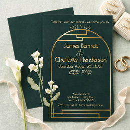 Minimal Art Nouveau Gold Arch Lily Green Wedding Invitation