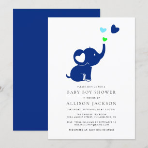 Minimal Baby Boy Shower Blue Elephant Hearts Invitation