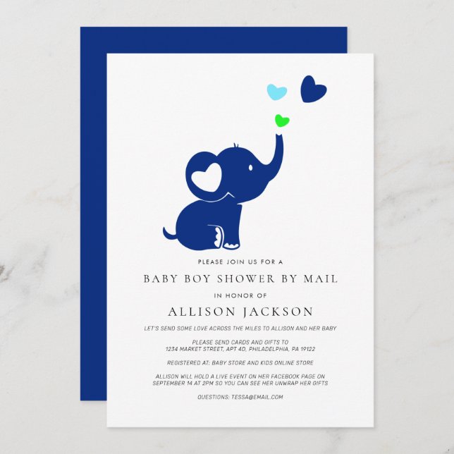 Minimal Baby Boy Shower by Mail Blue Elephant Invitation (Front/Back)