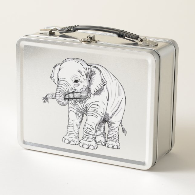 Minimal Baby Elephant Line Art Vector Illustration Metal Lunch Box (Front)